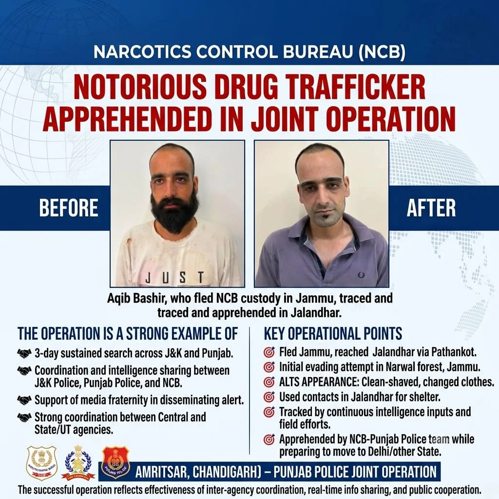 Jammu NCB re-arrests escaped drug peddler from Punjab