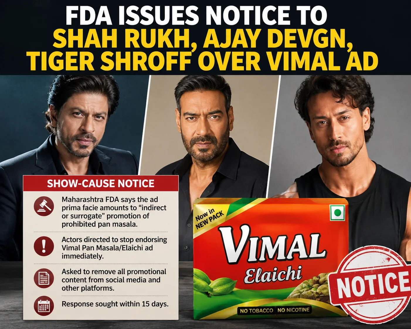 FDA Issues Notice to Shah Rukh, Ajay Devgn, Tiger Shroff Over Vimal Ad